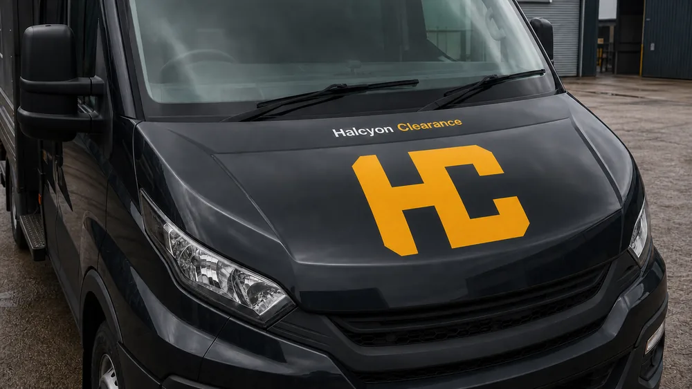 Dark tipper bonnet carrying a large amber HC mark with the Halcyon Clearance wordmark above it.