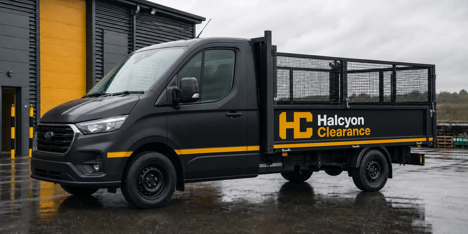 A 3.5-tonne tipper truck carrying Halcyon Clearance livery: amber HC mark with the Halcyon Clearance wordmark along the body, on a working yard.