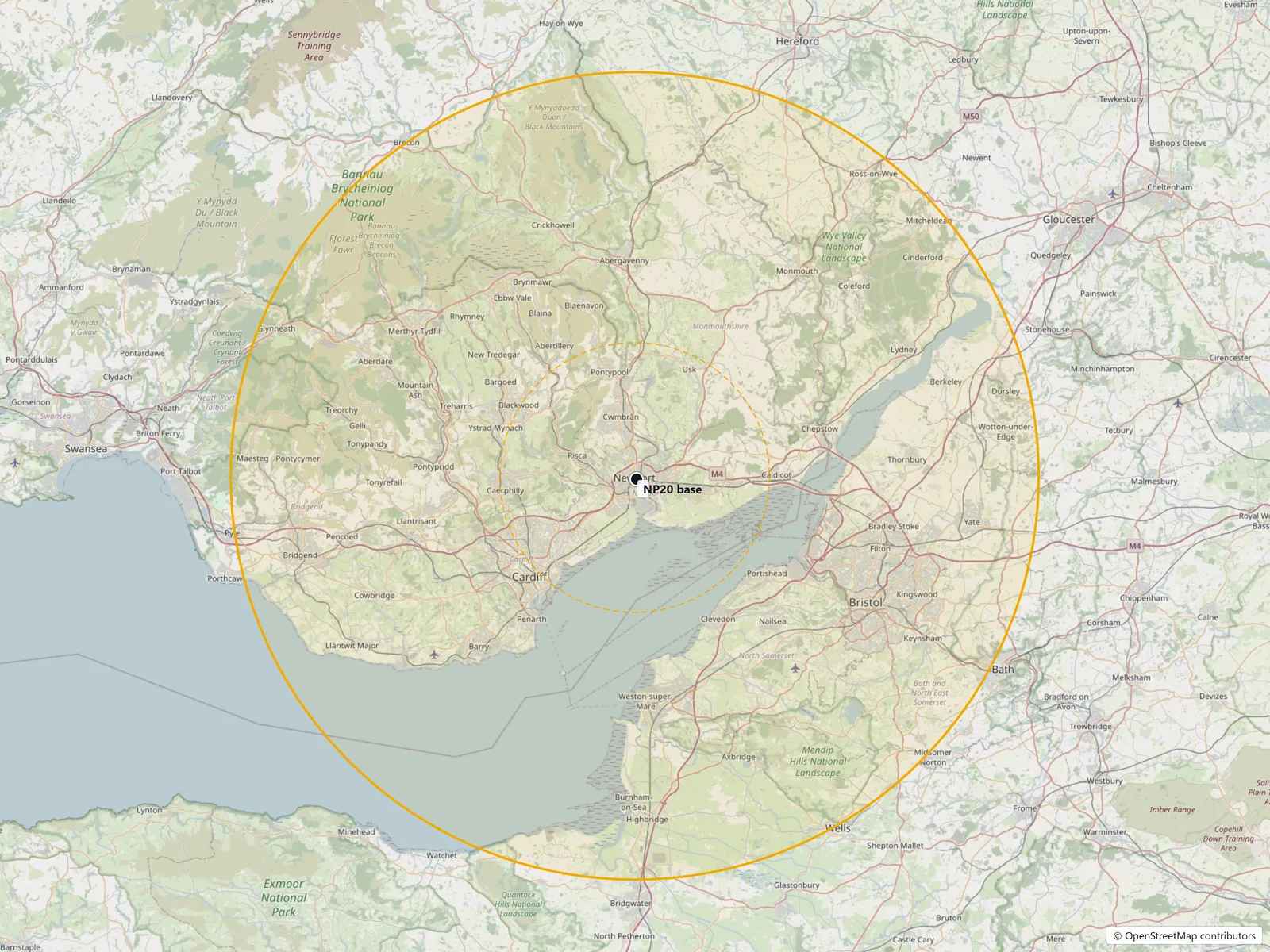 Map centred on our Newport NP20 base: a solid amber ring marks roughly 30 miles — our usual coverage — and a dashed ring marks roughly 10 miles, beyond which the small fuel charge applies.