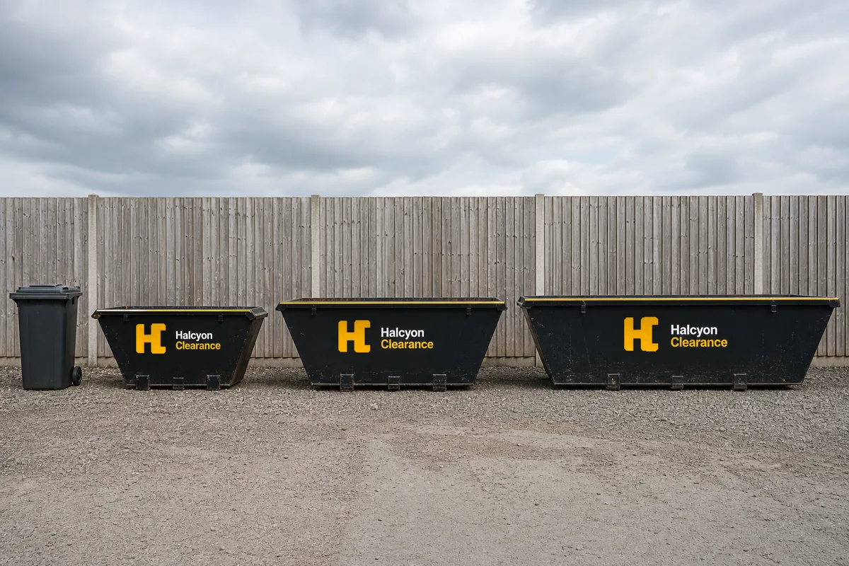 Illustration of Halcyon Clearance liveried 4, 6 and 8 yard skips lined up in a yard, with a household wheelie bin alongside for scale.